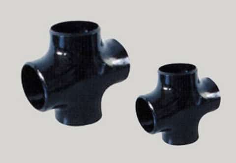 Two black pipe fittings with four openings each, displayed on a plain background